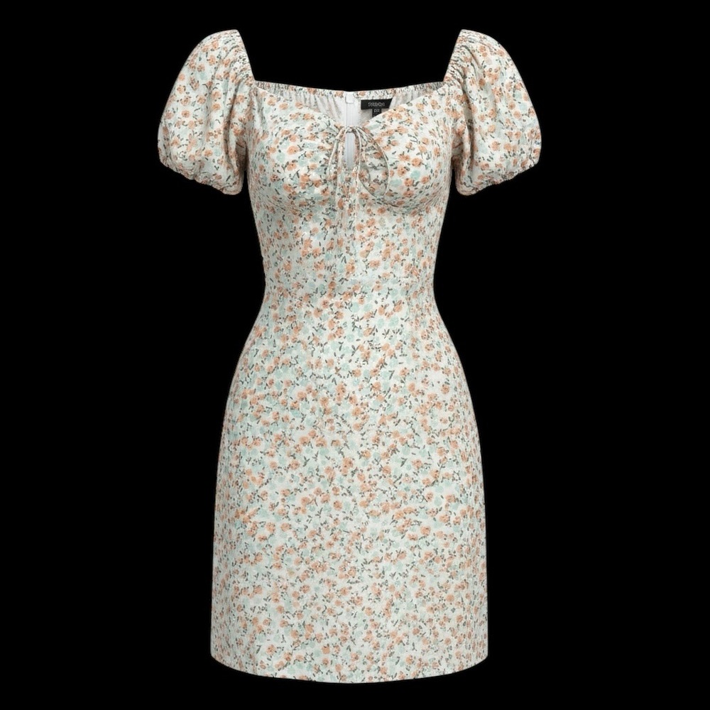 NWT Cider Brand Midi Dress White with Floral print Drawstring Top Puff Sleeves